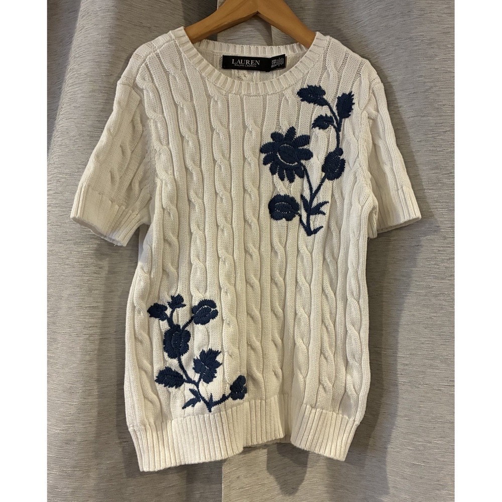Lauren Ralph Lauren White Cable Knit Short Sleeve Embroidered Sweater XXS